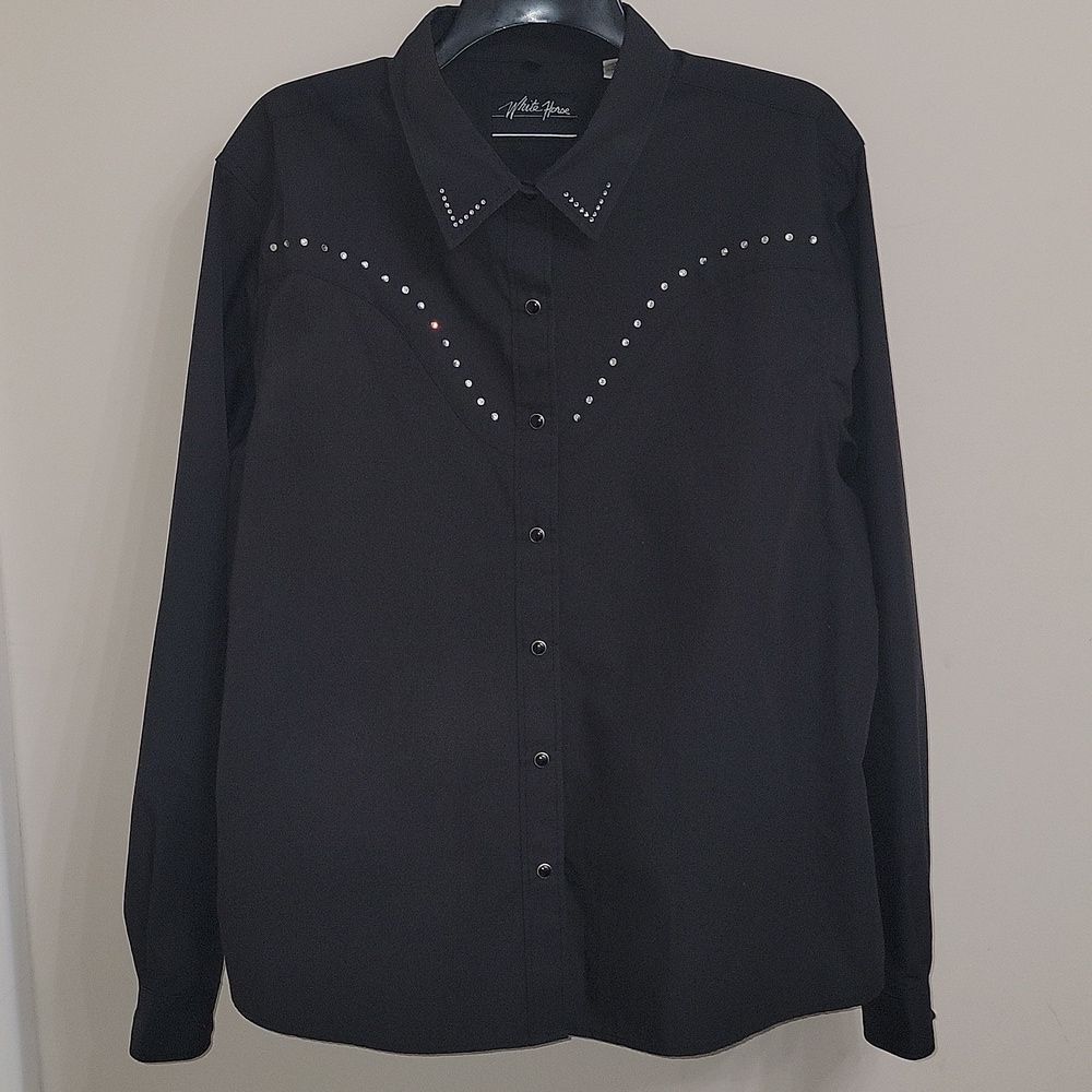 White Horse Black Rhinestone Pearl Snap Button Up Shirt Blouse Women's XL